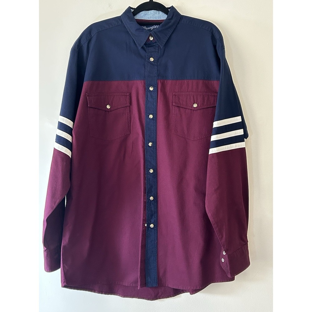 Vintage Wrangler Brushpopper Shirt LT Colorblocked Burgandy/Navy W/Pearl Snaps